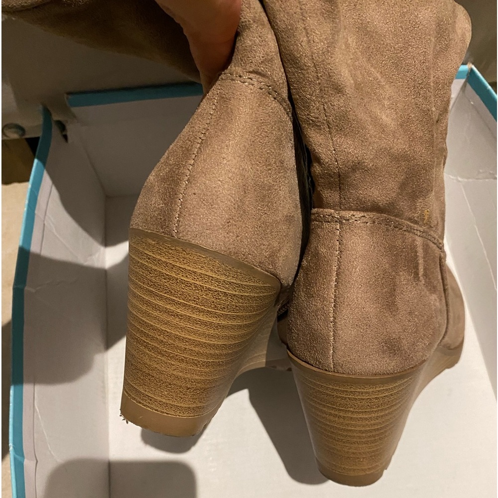 Taupe Faux Suede Slouchy Stacked Wedge Knee High - Picture 7 of 12